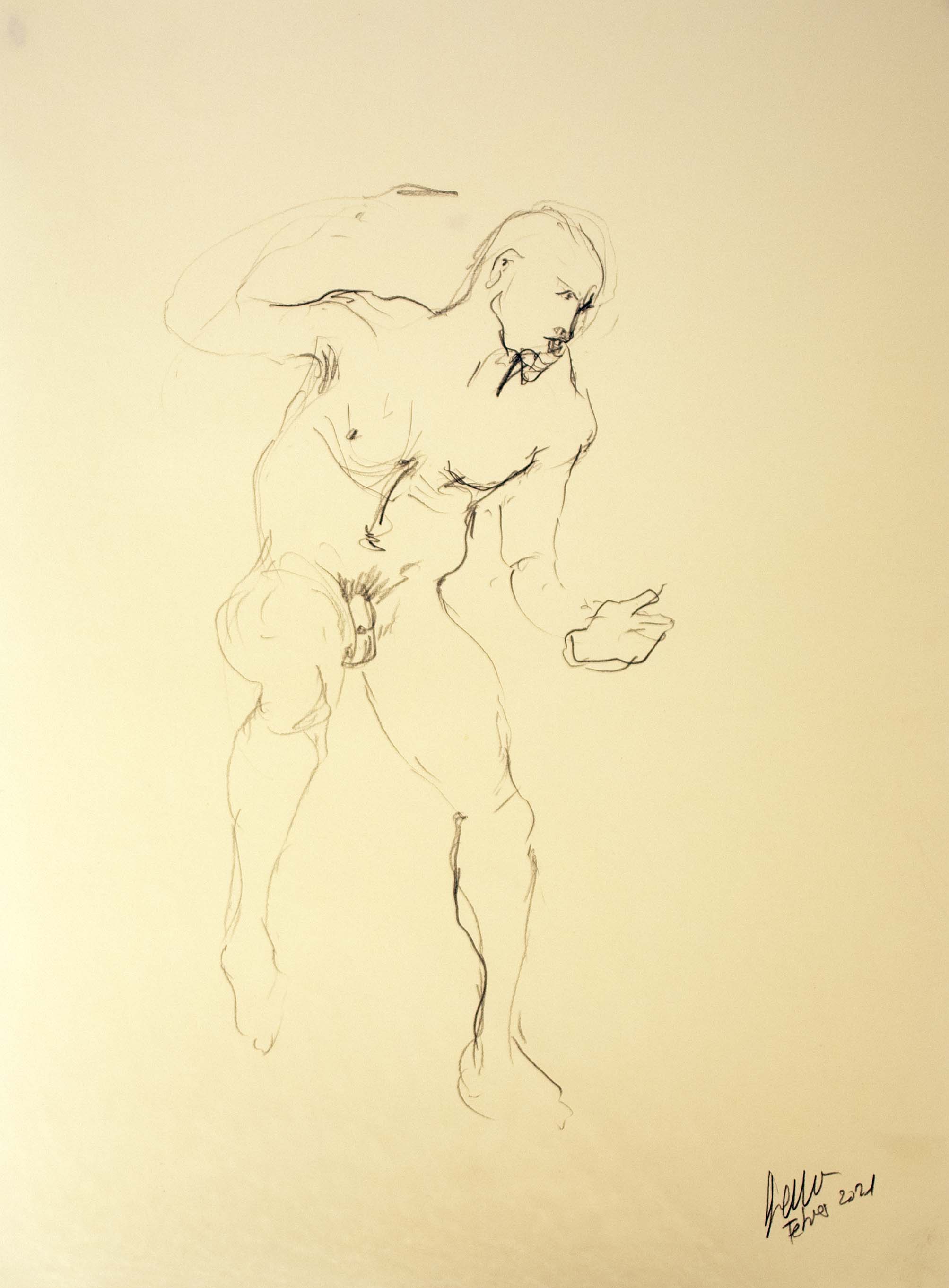 Home com ballant — Grafit i oli de llinosa sobre paper